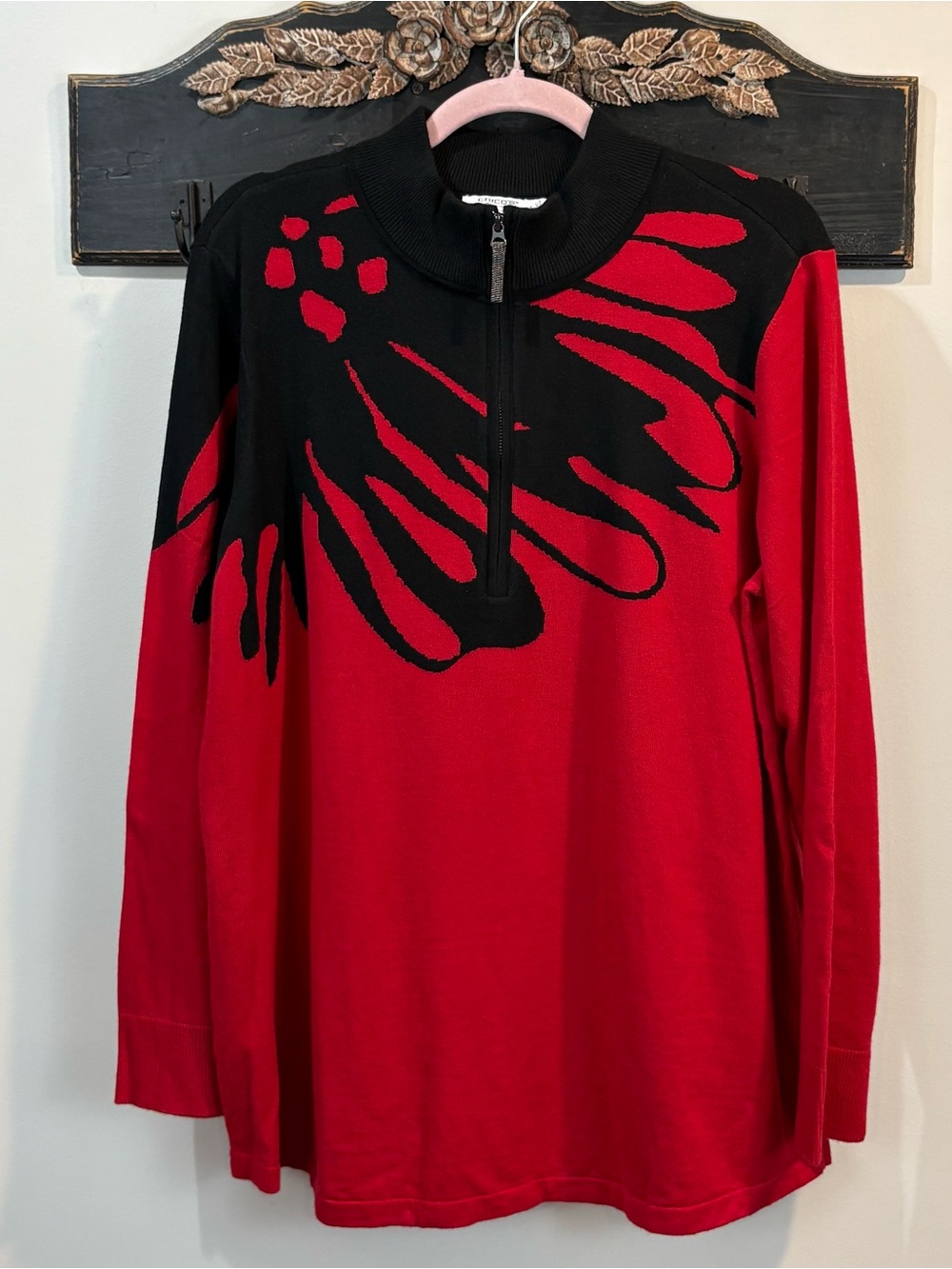 Chico’s Red Black Abstract Print 1/4 Studded Zipper  Pullover Sweater Size 3/XL